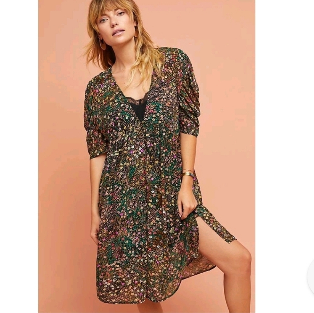 Akemi Kin Valencia Floral Dress Womens Size XS V Neck Black Sheer Short Button